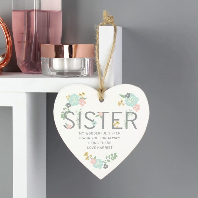Personalised Sister Floral Wooden Heart Decoration