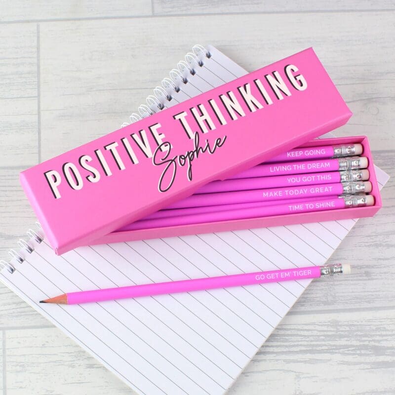 Personalised Positive Thinking Box and 12 Pink HB Pencils