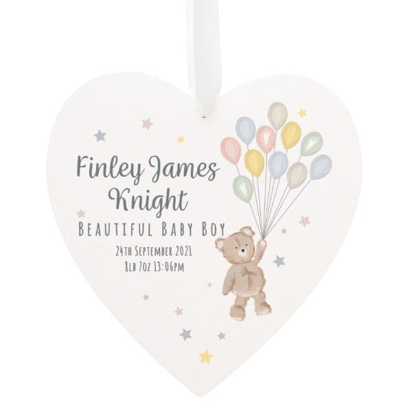 Personalised Teddy & Balloons White Wooden Heart