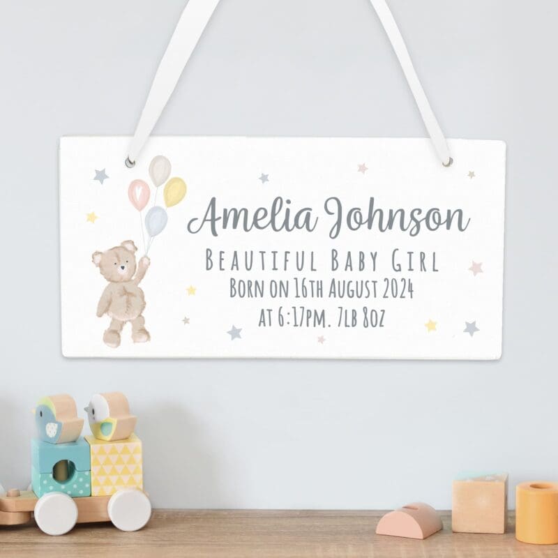 Personalised Teddy & Balloons White Wooden Sign