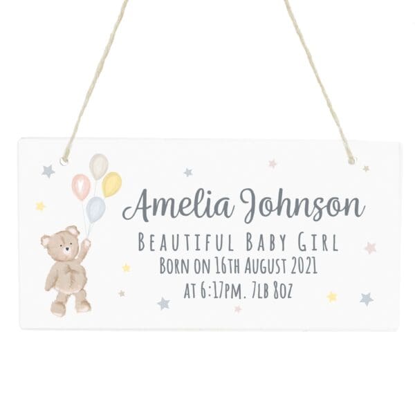 Personalised Teddy & Balloons White Wooden Sign