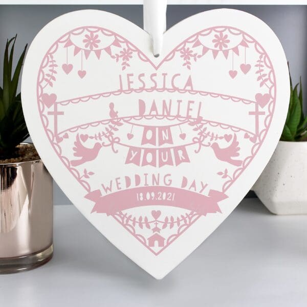 Personalised Pink Papercut Style Large Wooden Heart
