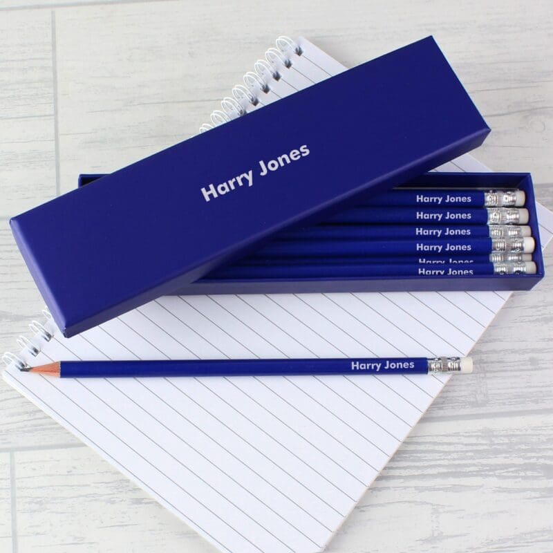 Personalised Name Only Box and 12 Blue HB Pencils
