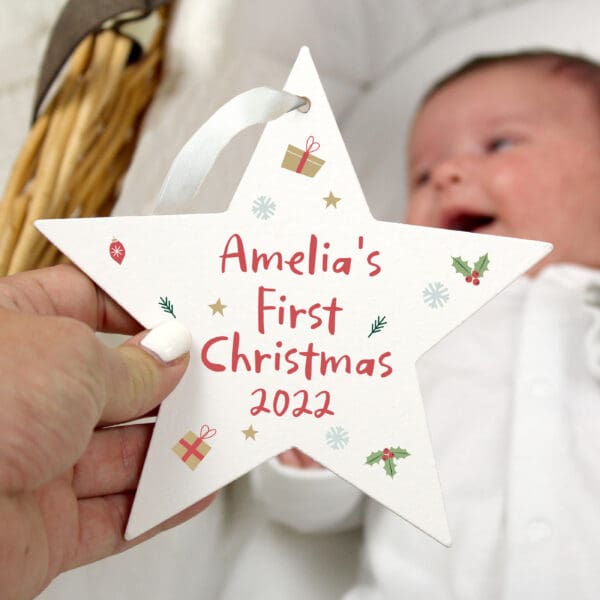 Personalised First Christmas Wooden Star Decoration