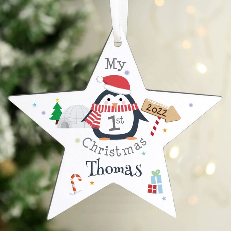 Personalised 1st Christmas Penguin Wooden Star Decoration