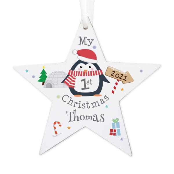 Personalised 1st Christmas Penguin Wooden Star Decoration