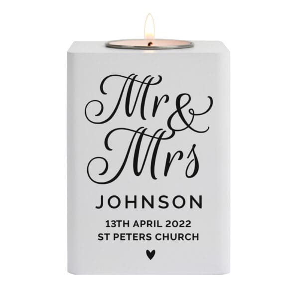 Personalised Mr & Mrs White Wooden Tea light Holder