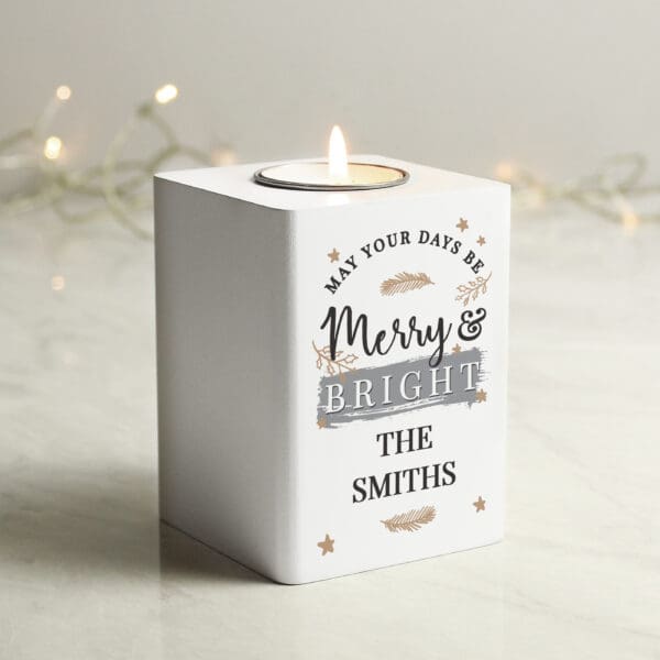 Personalised Merry & Bright White Wooden Tea light Holder 20 Personalised Merry & Bright White Wooden Tea light Holder