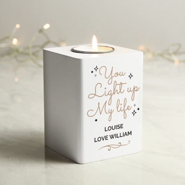 Personalised Light Up My Life White Wooden Tea light Holder 15 Personalised Light Up My Life White Wooden Tea light Holder