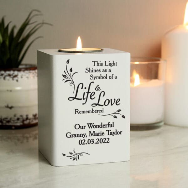 Personalised Life & Love White Wooden Tea Light Holder 33 Personalised Life & Love White Wooden Tea Light Holder