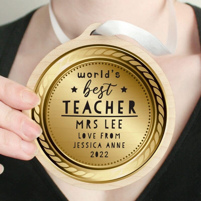 Personalised World¬ís Best Teacher Round Wooden Medal