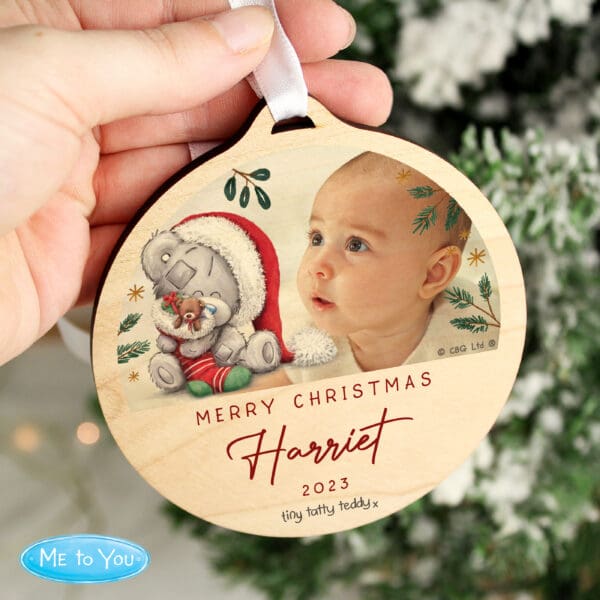 Personalised First Christmas Tiny Tatty Teddy Photo Upload Round Wooden Decoration