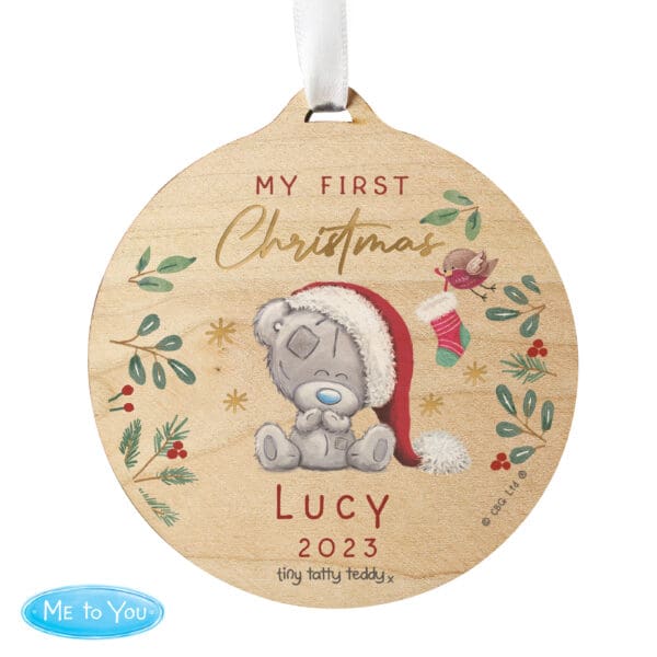 Personalised First Christmas Tiny Tatty Teddy Round Wooden Decoration