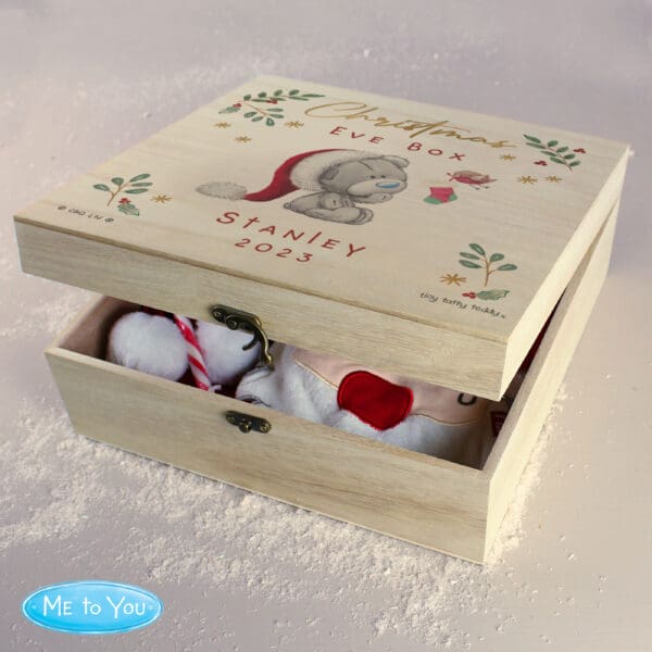 Personalised Winter Christmas Eve Tiny Tatty Teddy Large Wooden Keepsake Box