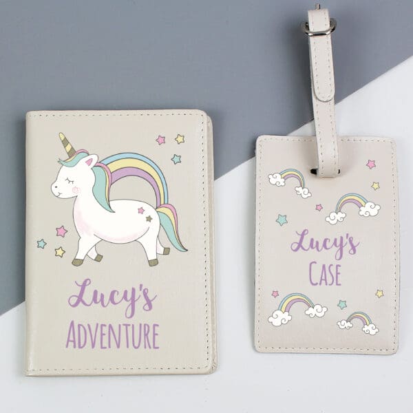 Personalised Baby Unicorn Cream Passport Holder & Luggage Tag Set