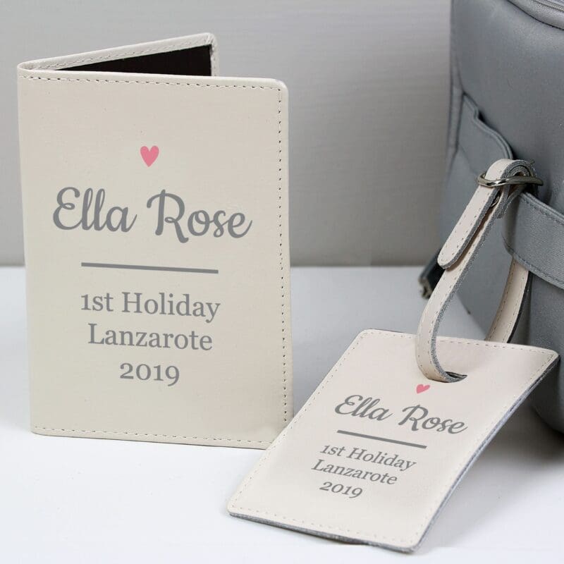 Personalised Pink Heart Cream Passport Holder & Luggage Tag Set