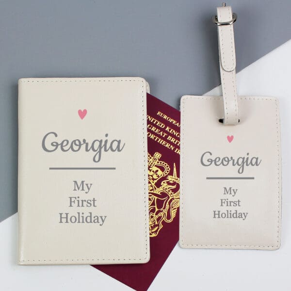 Personalised Pink Heart Cream Passport Holder & Luggage Tag Set