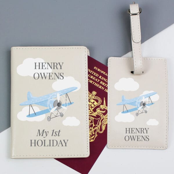 Personalised Blue Plane Passport Holder & Luggage Tag Set
