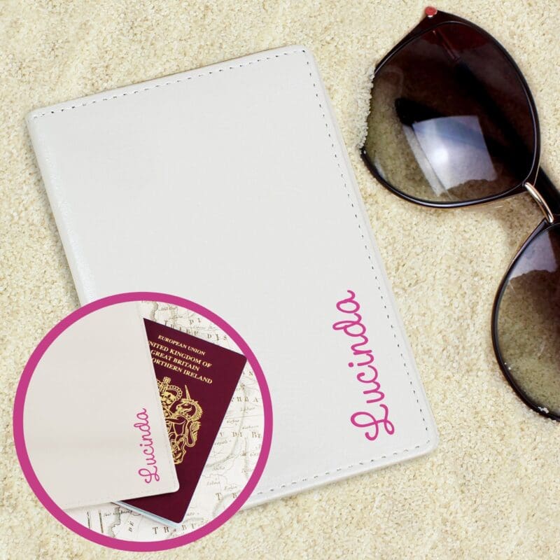 Personalised Pink Name Cream Passport Holder