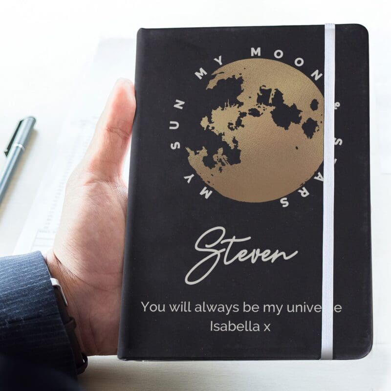 Personalised Moon & Stars Black Hardback Notebook