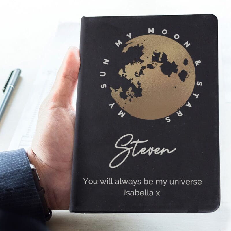 Personalised Moon & Stars Black Hardback Notebook