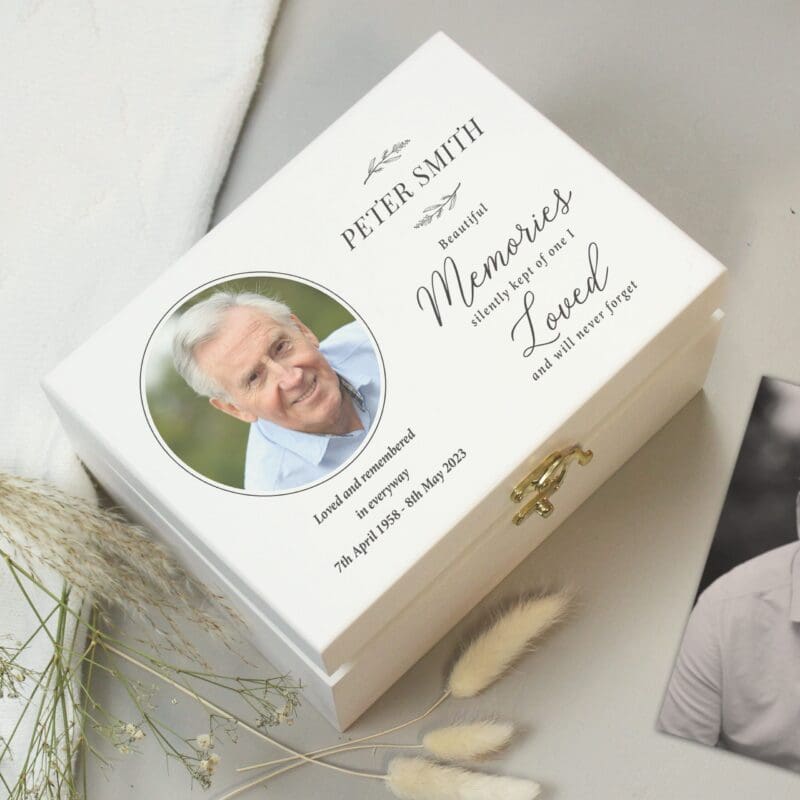 Personalised Memorial Photo Upload White Wooden Box