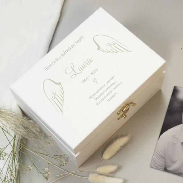 Personalised Angel Wings Memorial White Wooden Box 11 Personalised Angel Wings Memorial White Wooden Box