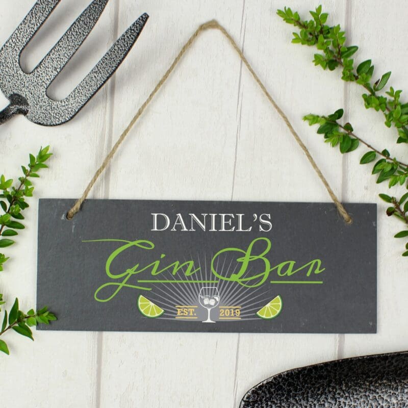 Personalised ""Gin Bar"" Printed Hanging Slate Plaque