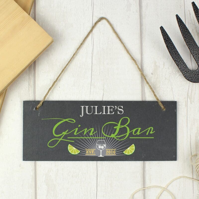 Personalised ""Gin Bar"" Printed Hanging Slate Plaque