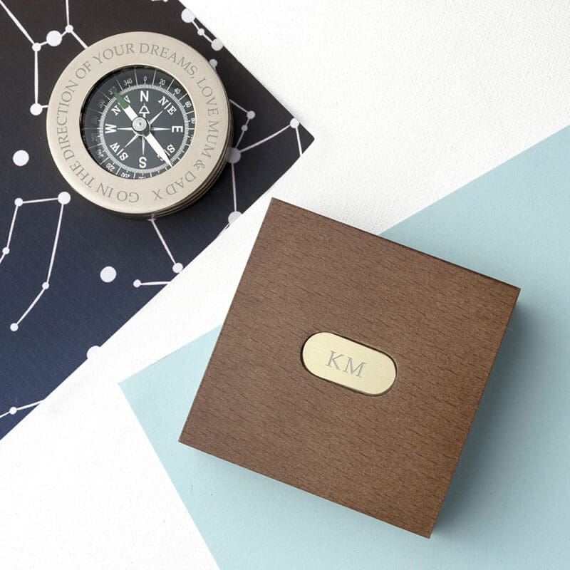 personalised brass travellers compass with wooden box per644 001