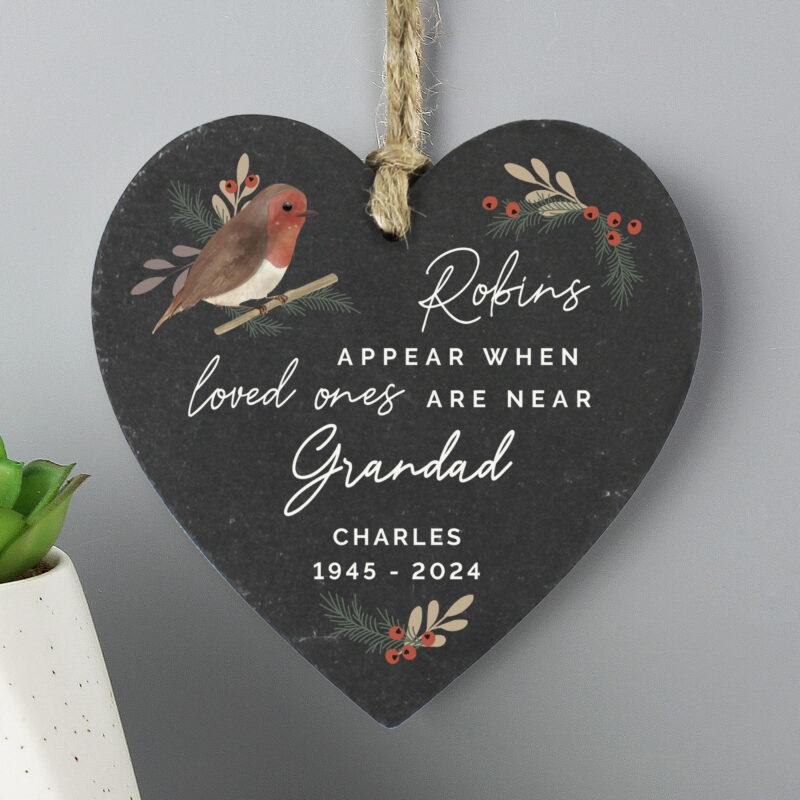 All Saints' Day 12 Personalised Memorial Robins Appear Slate Heart