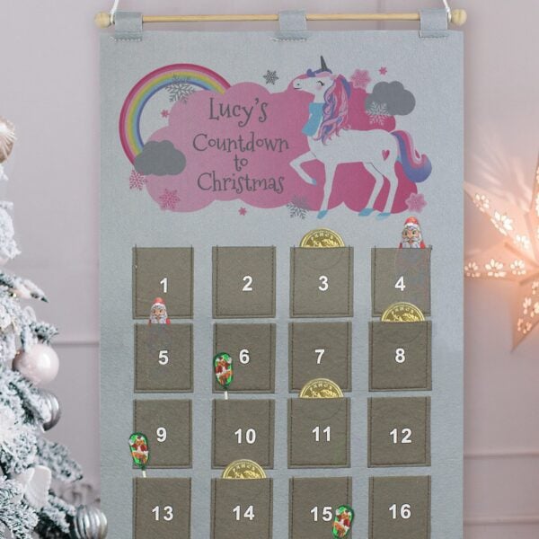 Personalised Christmas Unicorn Advent Calendar In Silver Grey