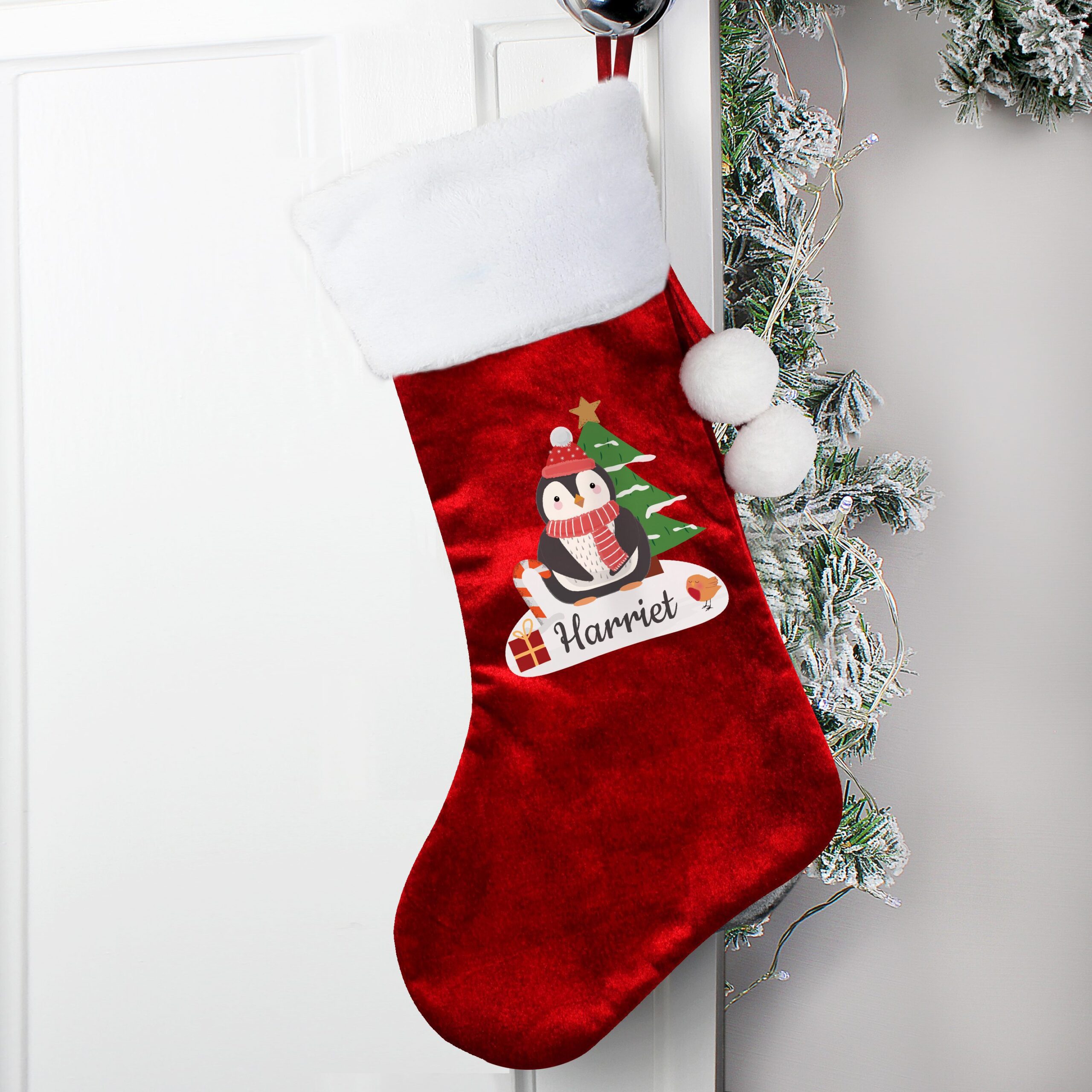 Personalised Christmas Penguin Red Stocking 3 Personalised Christmas Penguin Red Stocking