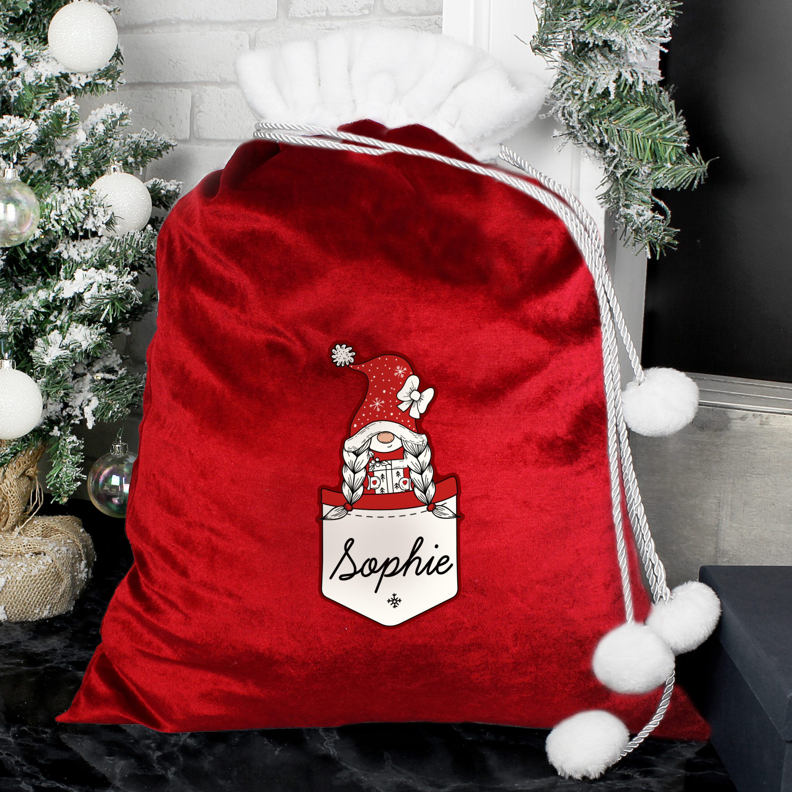 Personalised Gonk Family Red Christmas Sack - Girl 2 Personalised Gonk Family Red Christmas Sack - Girl