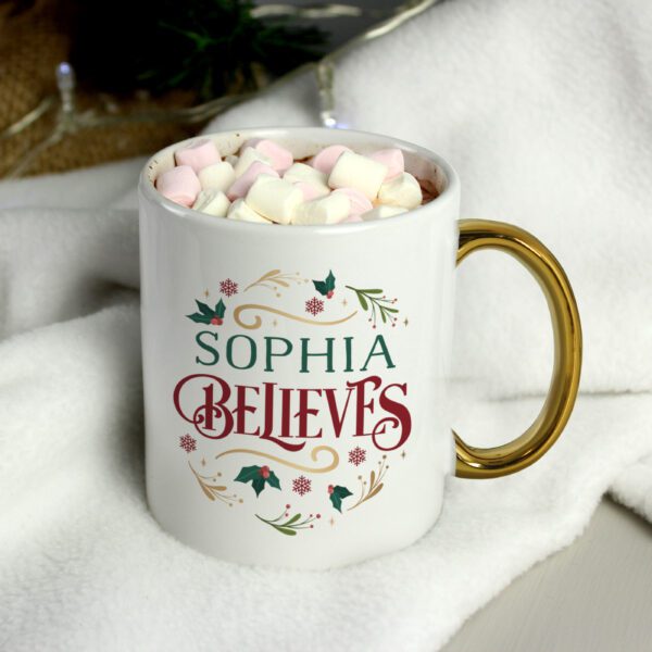 Personalised Believes In Christmas Gold Handled Mug 11 Personalised Believes In Christmas Gold Handled Mug