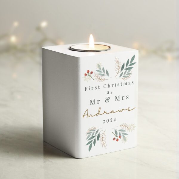 Personalised Christmas Foliage White Tealight Holder 34 Personalised Christmas Foliage White Tealight Holder