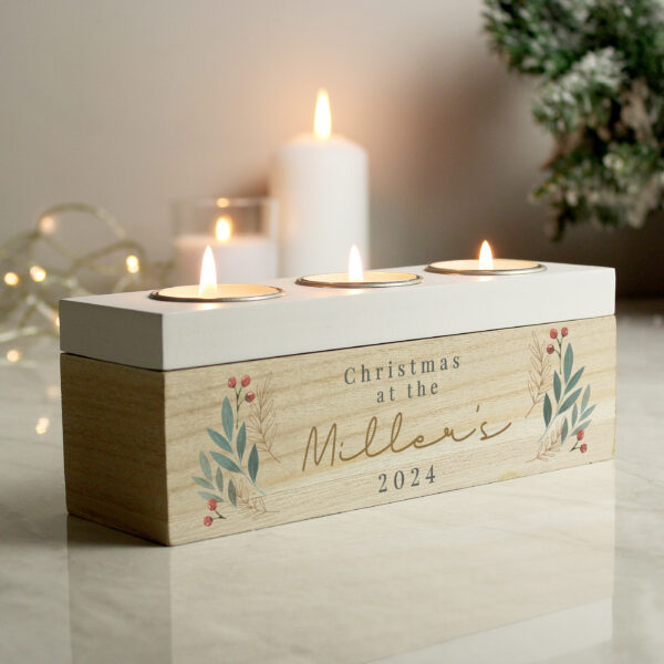 Personalised Christmas Foliage Triple Tea Light Box 30 Personalised Christmas Foliage Triple Tea Light Box