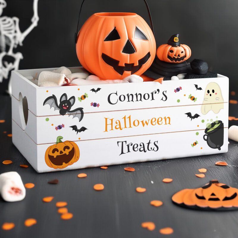 Check Out Gio and Romeo's Spooktacular Halloween Boo Box! 2 Personalised Halloween Small Wooden Treats Crate