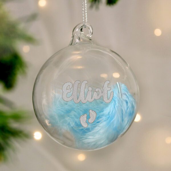 Personalised Blue Feather Silver Footprints Glass Bauble 35 P0107I97