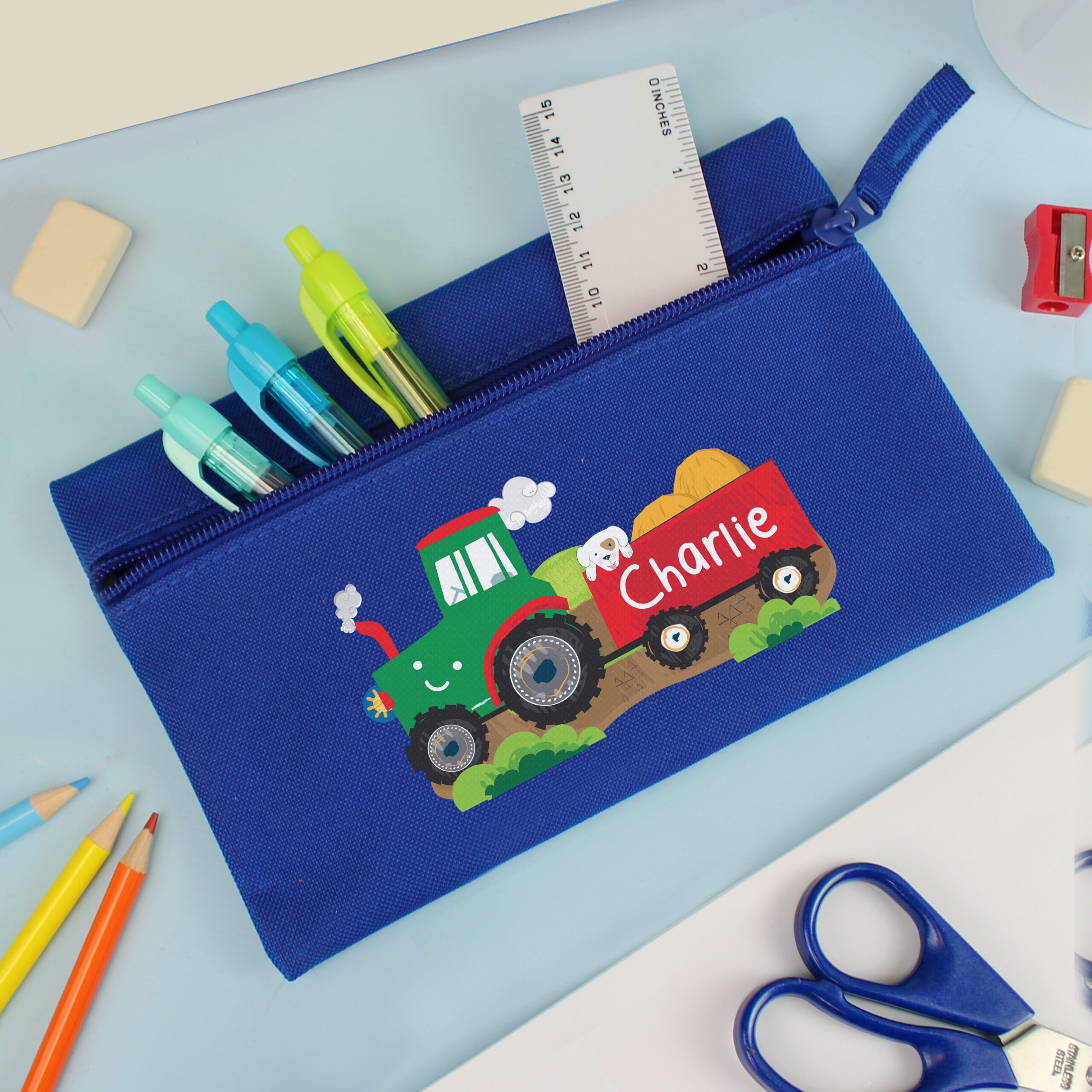 Personalised Tractor Blue Pencil Case 14 Personalised Tractor Blue Pencil Case