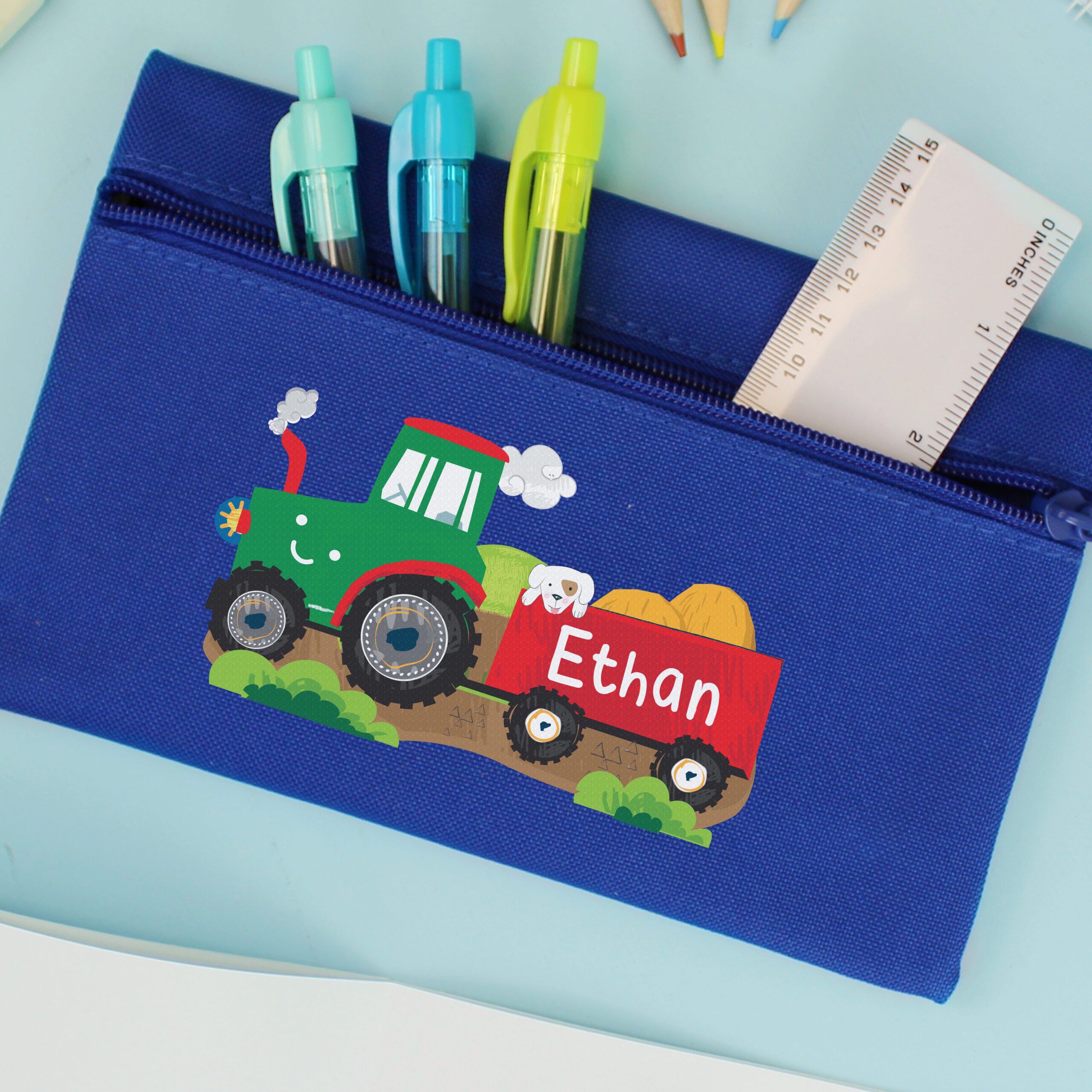 Personalised Tractor Blue Pencil Case 4 Personalised Tractor Blue Pencil Case