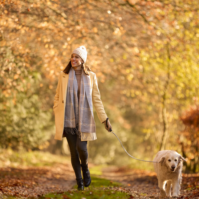 woman wearing hat and scarf with pet golden retrie 2024 10 20 18 00 28 utc