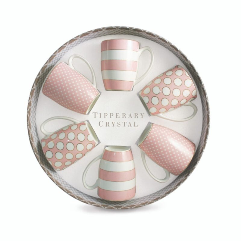 Tipperary Crystal Set 6 Bone China Mugs - Spots & Stripes - Pink 22 105911 All Pink SpotsStripes 51225