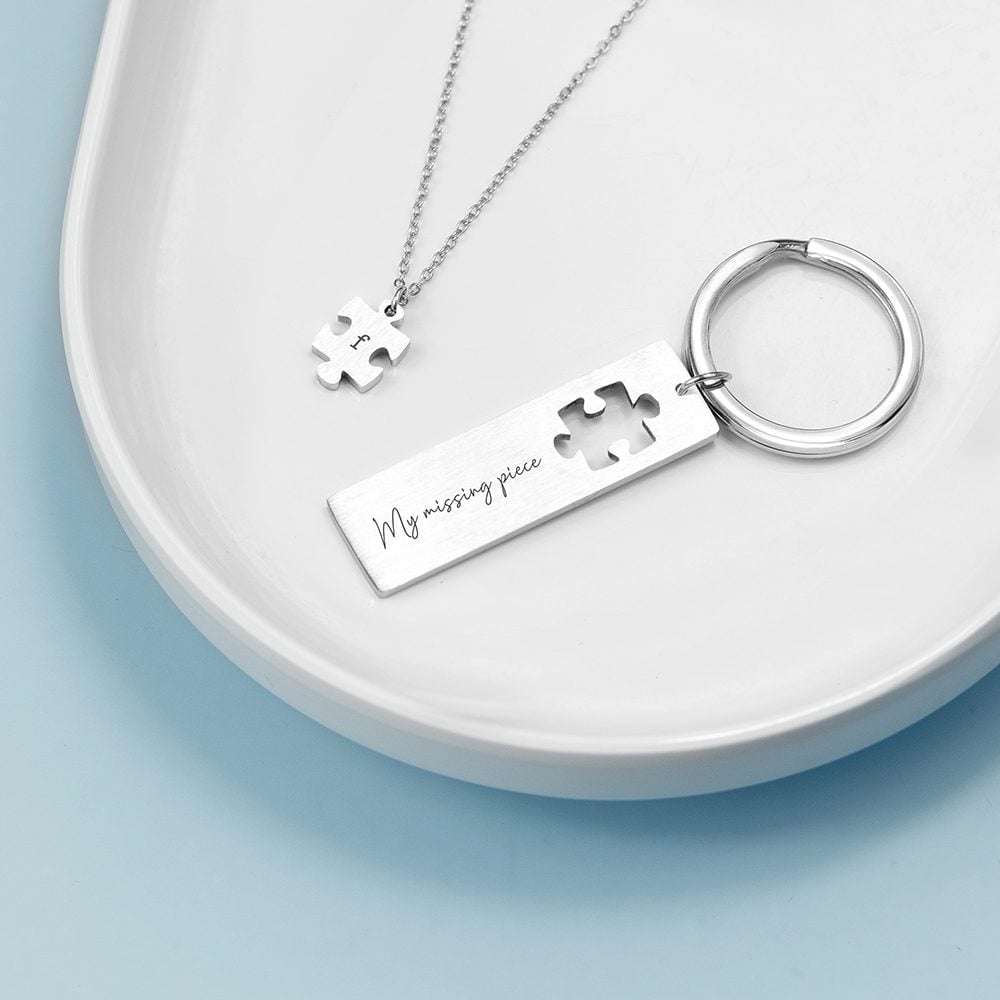 Personalised Perfect Fit Puzzle Piece Necklace & Keyring Set 2 Personalised Perfect Fit Puzzle Piece Necklace & Keyring Set