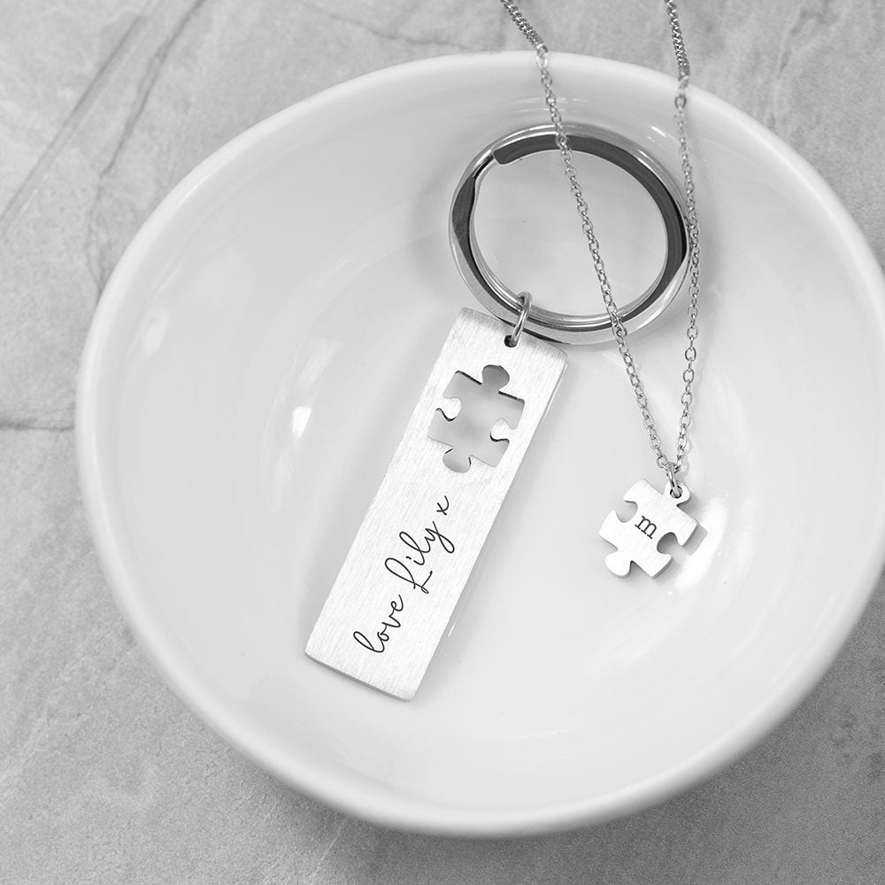 Personalised Perfect Fit Puzzle Piece Necklace & Keyring Set 3 Personalised Perfect Fit Puzzle Piece Necklace & Keyring Set