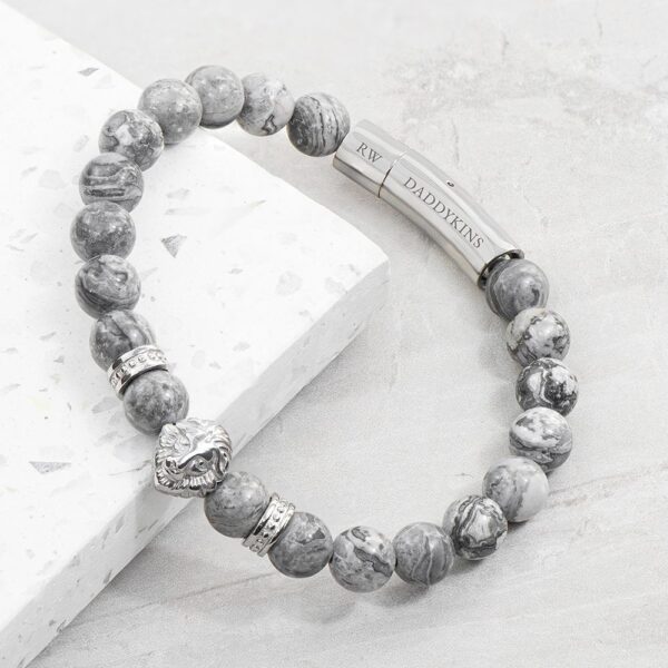Personalised Men's Silver Lion Jasper Stone Bracelet