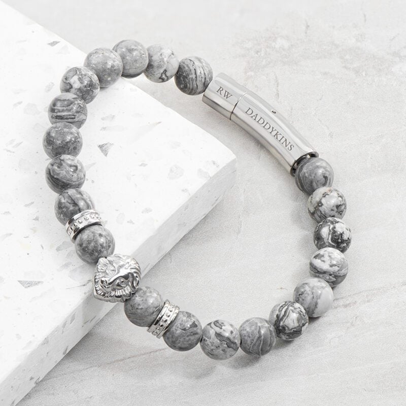 Personalised Men's Silver Lion Jasper Stone Bracelet 24 Personalised Men's Silver Lion Jasper Stone Bracelet