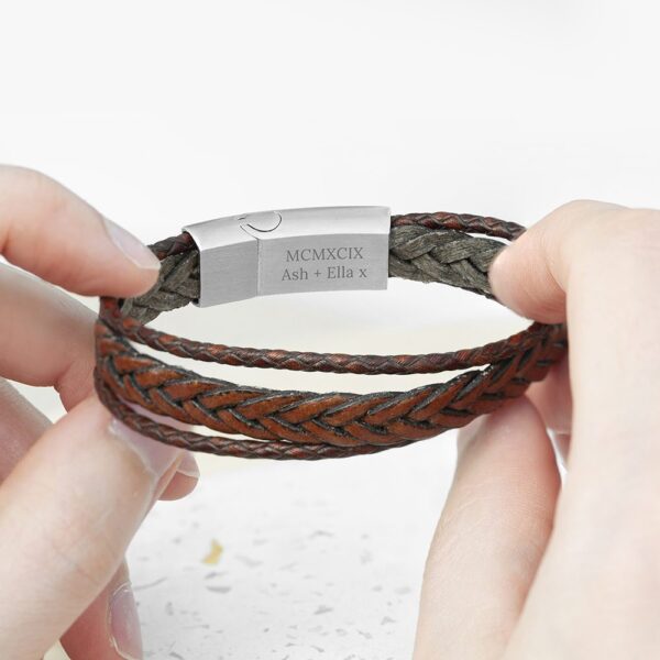 Personalised Men's Woven Layered Brown Leather Bracelet