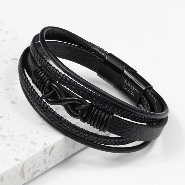 Personalised Men's Infinity Black Leather Stacked Bracelet