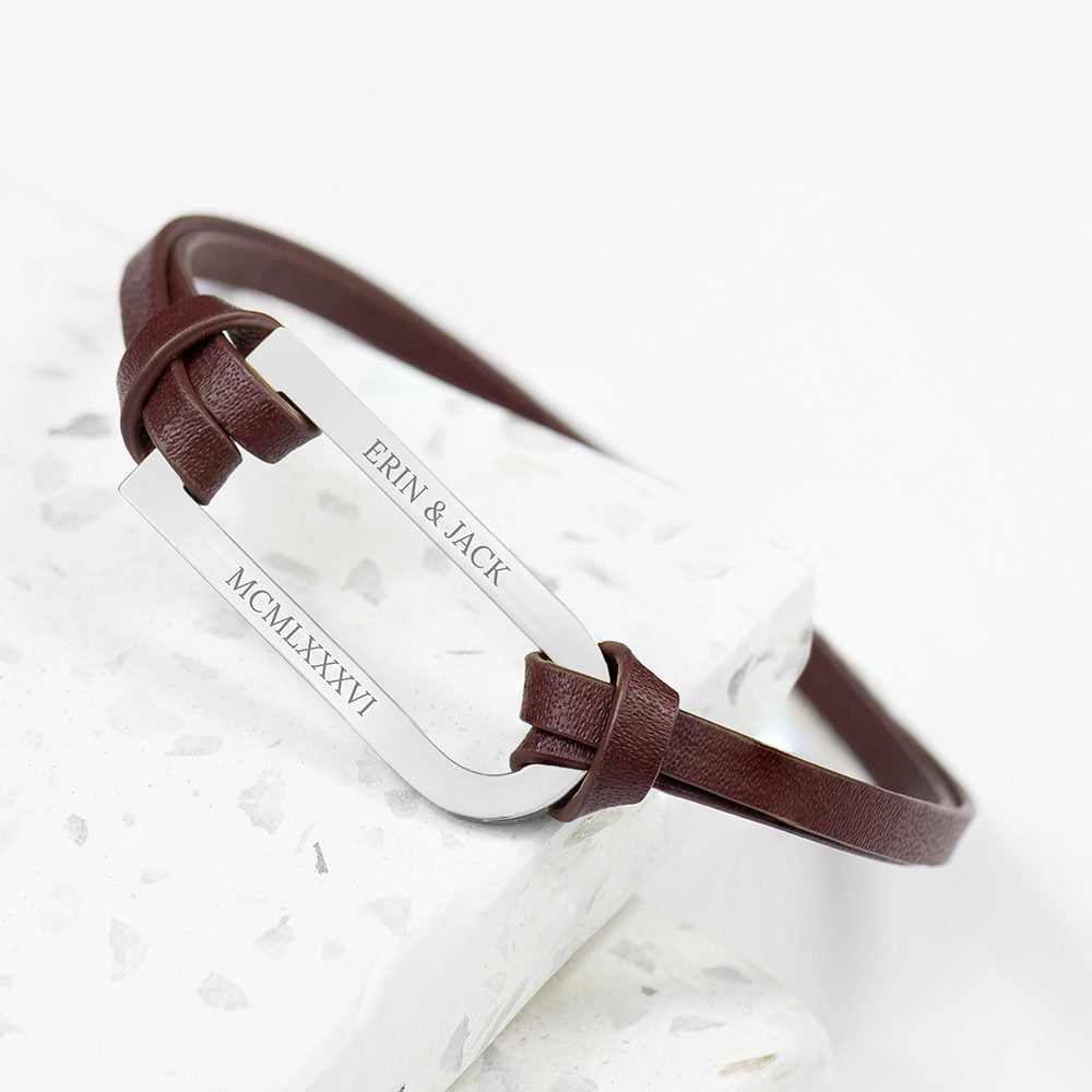 Personalised Men's Shoreditch Silver Bar Brown Leather Bracelet 1 Personalised Men's Shoreditch Silver Bar Brown Leather Bracelet